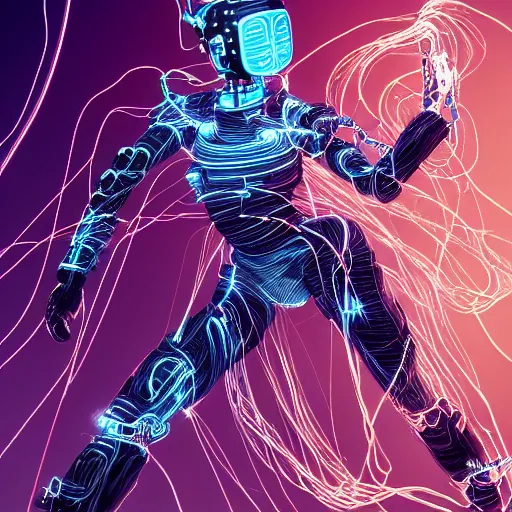 Image similar to a beautiful body of a bot fighter pilot woman mostly made of wires and electronic lightning sparks smoke, an ultrafine detailed illustration by james jean, final fantasy, intricate linework, bright colors, behance contest winner, vanitas, angular, altermodern, unreal engine 5 highly rendered, global illumination, radiant light, detailed and intricate environment