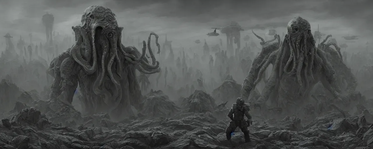 Image similar to star wars imperator as Cthulhu Lovecraft Ghatanothoa, post-apocalyptic hellscape, dramatic light, hyperdetailed, ArtStation, 35mm, ZBrush, Zdzislaw Beksinski