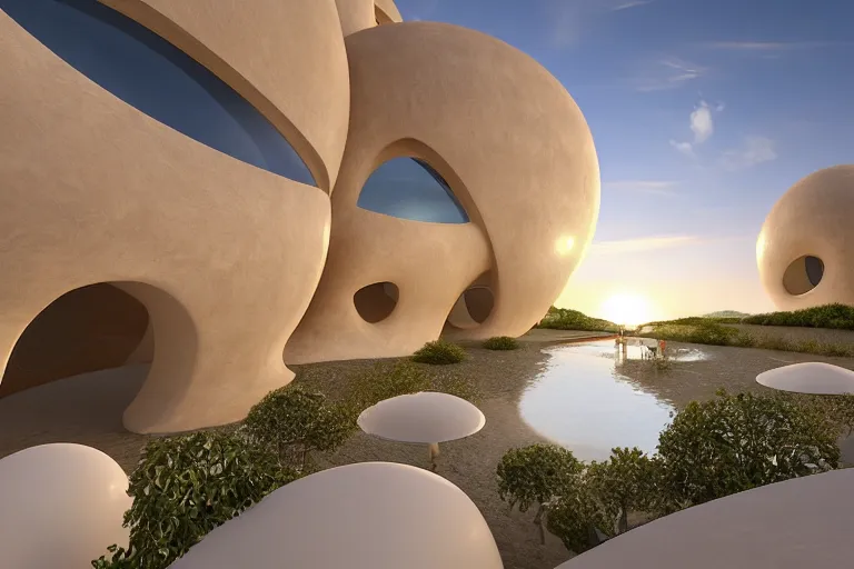 Image similar to palais bulles architecture is formed by the intersection of many white egg shaped spherical spaces. on the calm lake, people's perspective, future, interior wood, marble, award winning, highly detailed 4 - k art, dusk, unreal engine highly rendered, global illumination, radial light, internal environment