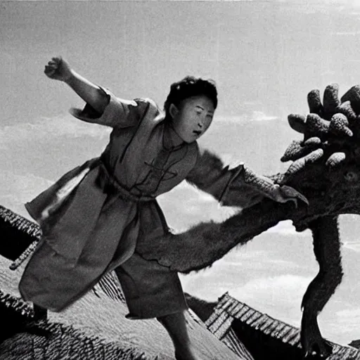 Image similar to a couple escaping from a giant Kaiju Starfish Monster over a traditional Korean village, minimal cinematography by Akira Kurosawa, movie filmstill, film noir, thriller by Kim Jong-il and Shin Sang-ok