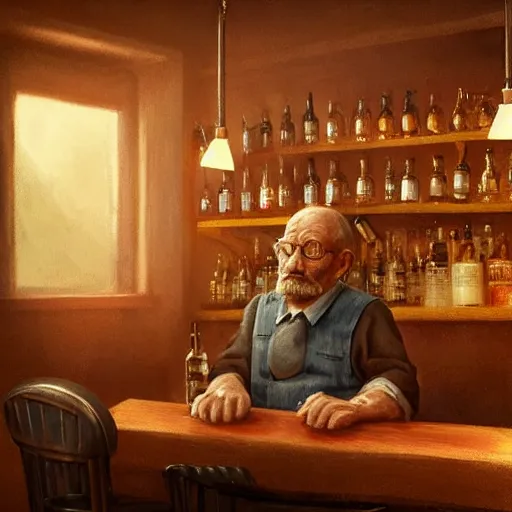 Image similar to old man sitting at bar, pub, smoky lighting, dim, barstool, person drinking, side sketch, artstation award, highly detailed, ultra - realistic, moody atmosphere, color palette