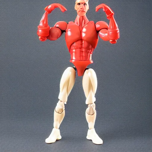 Image similar to 1980s plastic vinyl action figure toy of a humanoid parrot man with muscular arms, studio photography isolated on a white background