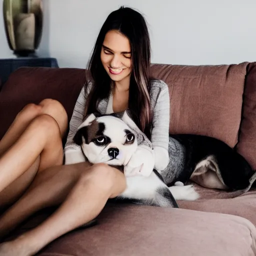 Prompt: a photo of a beautiful girl with a cute dog on her lap in a cozy living room