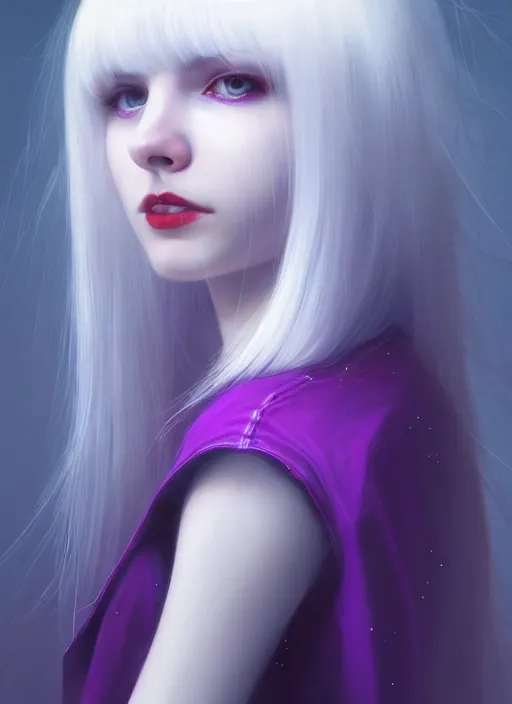 Image similar to hair whitebangs hair, black hair, whitebangs, portrait of teenage girl with white bangs, red irises, purple clothes, white bangs, bangs are different color from hair, intricate, elegant, glowing lights, highly detailed, digital painting, artstation, concept art, smooth, sharp focus, illustration, art by wlop, mars ravelo and greg rutkowski