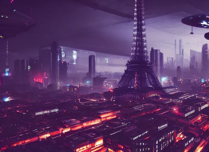 Image similar to cyberpunk scifi scene of paris at night, scifi drones in the sky, artstation, matt painting, very detailed, maximalism, ambient occlusion, volumetric light, atmospheric haze, unreal engine, hyper realism, realistic shading, cinematic composition, realistic render, octane render, detailed textures, photorealistic, wide shot