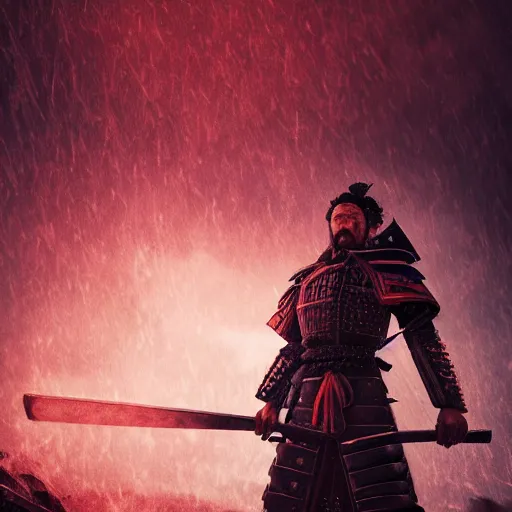 Image similar to a samurai looking to the sky while it's raining blood on his face, unreal engine fantasy art, hauntingly beautiful art, beautiful composition, hd, 8k, detailed, nighttime