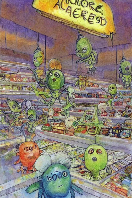 Prompt: cute aliens in a grocery store by jerry pinkney