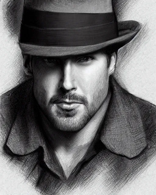 Prompt: portrait of a detective, zoomed in, noir, fedora, tweed coat, confident, handsome, heavy shading, vintage, high quality, centered, by artgerm, artstation, ( ( ( by ilya repin ) ) )