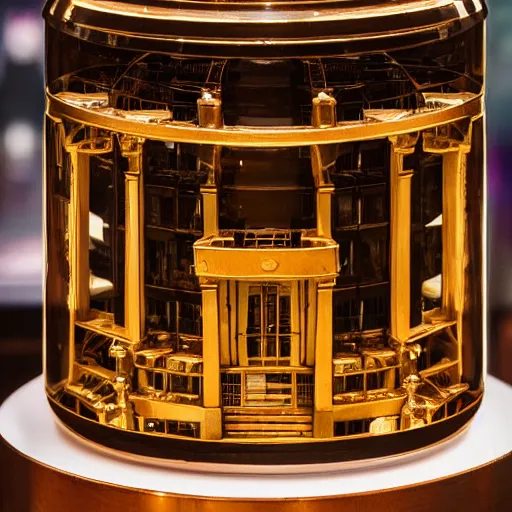 Prompt: a stunning architectural model of a detailed hotel designed by the International space station on display in a museum bell jar, highly detailed, product photography, well lit, 8k