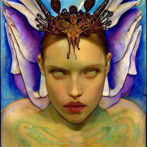 Prompt: the bone crown, the crown of wings, by Annie Swynnerton and Nicholas Roerich and Diego Rivera, bioluminescent skin, tattoos, elaborate costume, geometric ornament, symbolist, cool colors like blue and green and violet, smooth, sharp focus, extremely detailed