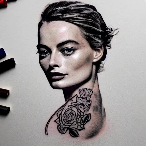 Image similar to double exposure tattoo design sketch of beautiful margot robbie in the shape of beautiful mountains, in the style of matteo pasqualin, amazing detail