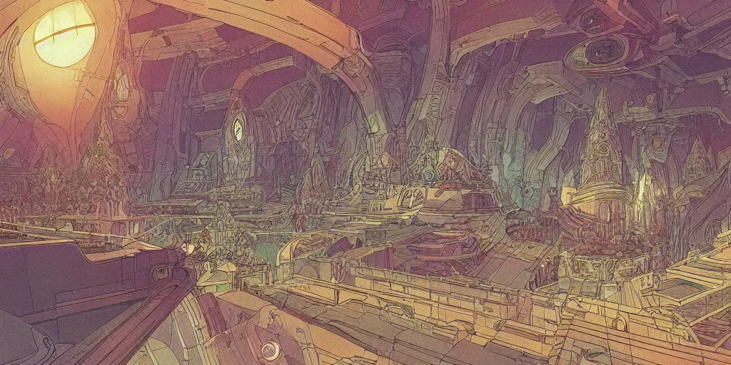 Image similar to cel shaded cinematic shot, matte illustration, the interior of a scifi space station with ornate elven architecture bustling with people, epic castle, emerald, crystalline, detailed illustration, sharp focus, crisp lines, art by moebius, jean giraud moebius comic illustration