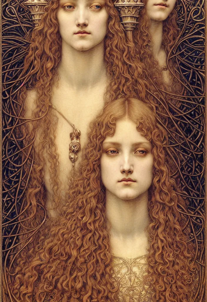 Image similar to detailed realistic beautiful young medieval queen face portrait by jean delville, gustave dore and marco mazzoni, art nouveau, symbolist, visionary, gothic, pre - raphaelite. horizontal symmetry