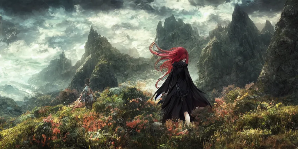 Image similar to goth woman in front of mountain landscape, color page, tankoban, 4 k, tone mapping, akihiko yoshida, james jean andrei riabovitchev marc simonetti, yoshitaka amano, long hair, curly, h. hydrochaeri