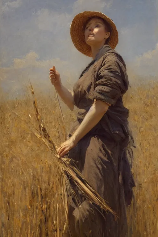 Image similar to Solomon Joseph Solomon and Richard Schmid and Jeremy Lipking painting full length portrait painting of a young woman carrying a sheaf of wheat