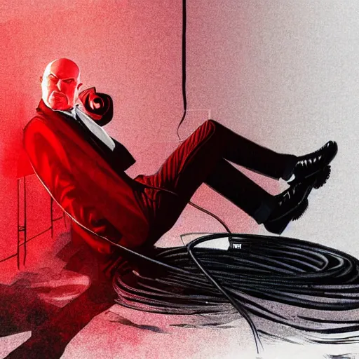 Image similar to agent 4 7 lying down listening to music in front of large stereo speakers surrounded by cables, black background, red rim light, highly detailed, smooth, sharp focus, art by cedric peyravernay