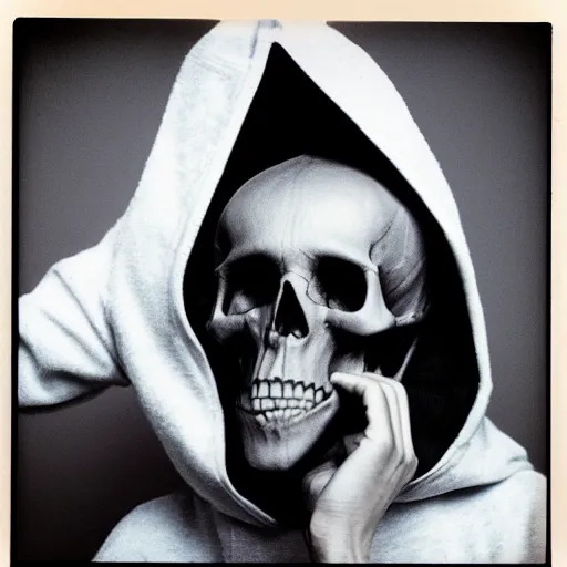 Image similar to close-up shot of a skull wearing hoodie in 80s, funny, Polaroid photo, by Warhol