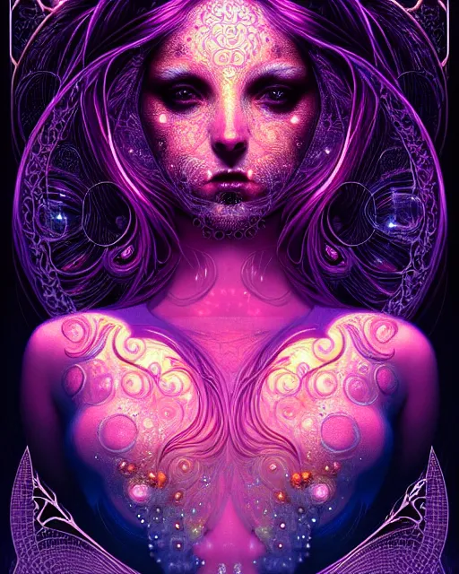 Image similar to beautiful realistic intricately detailed full frontal pose portrait of a sensual young dream goddess of the lucid realm, intricate halo of bubbles, droplets, neon swirls, tabs of lsd, solar flares, stardust, art by kilian eng, artgerm, greg rutkowski and h. r. giger, gothic, neo - gothic, ornamental, beautiful vivid colors