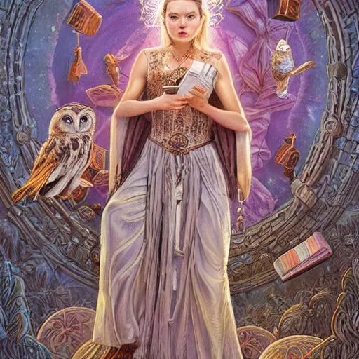 Prompt: a portrait of a older anya taylor - joy as the goddess minerva surrounded by stacks of books, owls, bioluminescent gown with deep level of detail of esoteric symbols, urban motifs, intricate, elegant, highly detailed, digital painting, trending on artstation, smooth sharp focus, illustration, art by artgerm and greg rutkowski