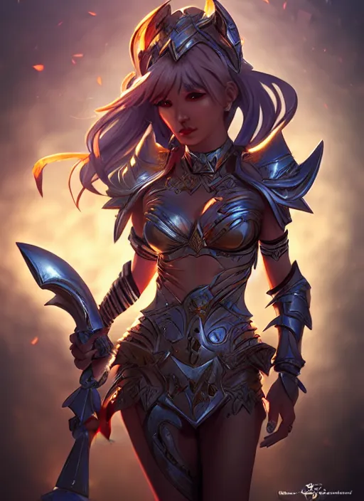 Image similar to sakimi chan, fantasy armor, detailed face, dynamic lighting, tony sart