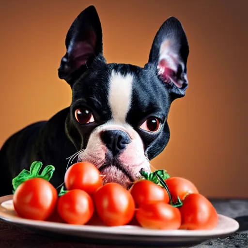 Image similar to boston terrier with a beard eating tomato's with cheese, photorealistic, high detail, 8 k resolution