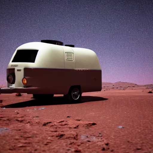 Prompt: a lone retro scifi RV with radio equipment is parked on a desert planet, side-view, redshift render, octane render, unreal engine, but as high contrast photography