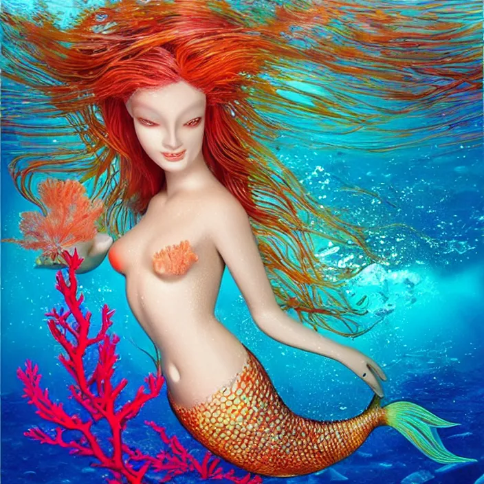 Image similar to a beautiful mermaid underwater, brightly coloured fish, coral and seaweed, hyper - realistic, mystic, detailed