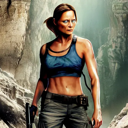 Image similar to jodie foster as lara croft, 8 k, realistic, high detail, hd face