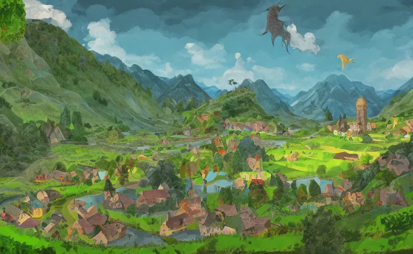 Image similar to a small village in a valley, villagers busy farming, a dragon in a distance, storybook, gouache, flat, concept art, lush, print