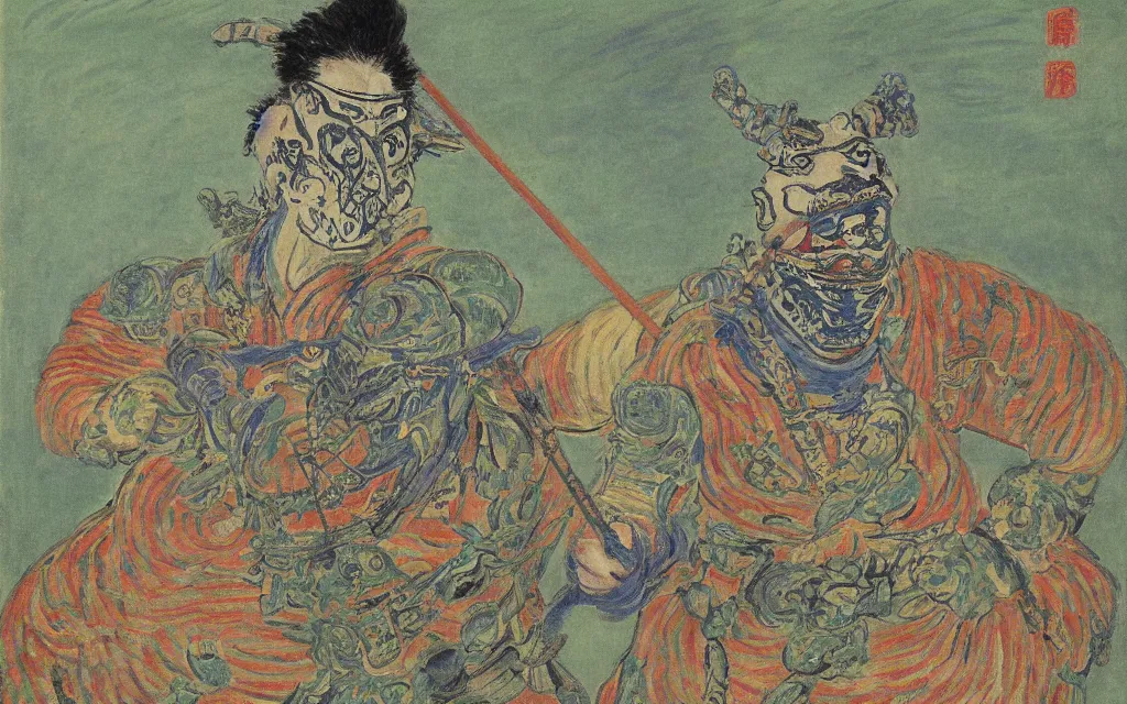 Prompt: a magical fantastic samurai with a crocodile mask by monet, with animal clients lining up in front, made with millions of stroke, japanese inspiration, wonderful details, crazy colors 1 0 %, pale sober colors 9 0 %