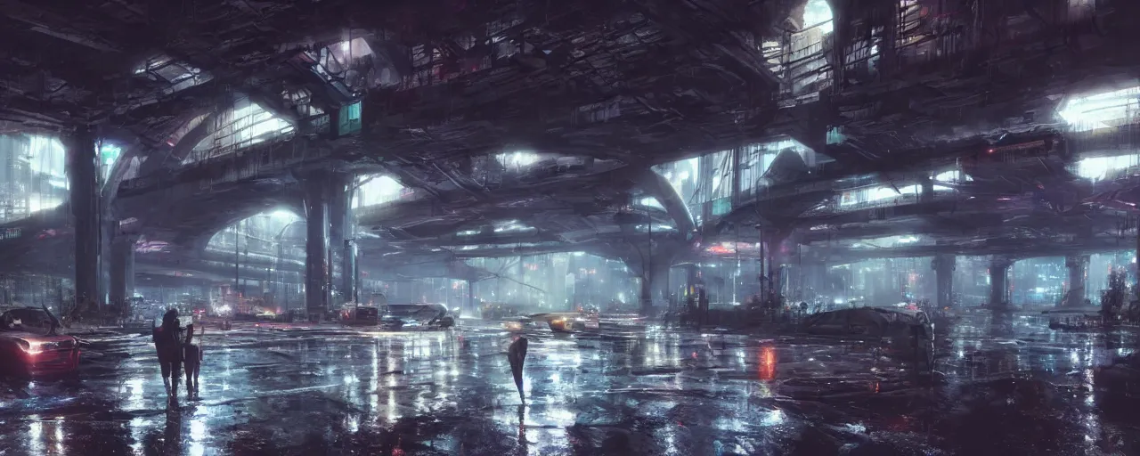 Prompt: under a highway bridge of a cyberpunk city, rain, night, flying shuttles, advertising pannels, rays of light, james gurney, greg rutkowski, unreal engine 5, artstation