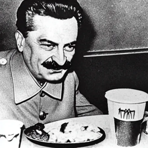 Prompt: stalin eats a hamburger at mcdonald's, photo in color