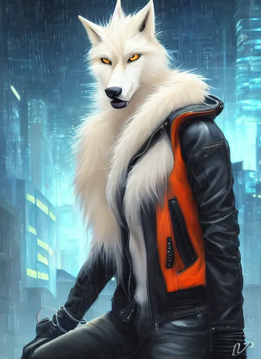 Image similar to award winning beautiful portrait commission of a male furry anthro albino wolf fursona with a tail and a cute beautiful attractive detailed furry face wearing stylish black and orange biker clothes in a cyberpunk city at night while it rains. Character design by charlie bowater, ross tran, artgerm, and makoto shinkai, detailed, inked, western comic book art