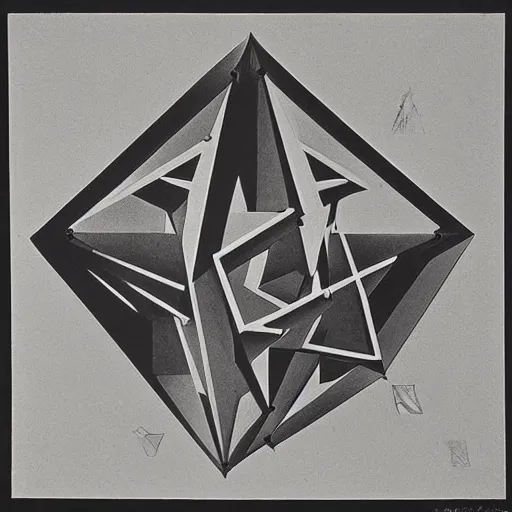 Image similar to “Impossible platonic solids, optical illusion art by M.C. Escher, lithograph, 1959”