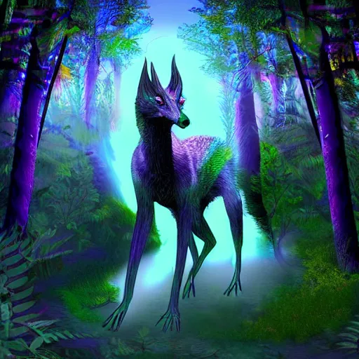 Image similar to psychedelic digital art of a sergal posing confidently in an enchanted forest, 4K, trending on artstation