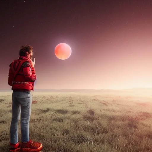 Image similar to gustavo cerati looking at the red moon in the universe, universe, stars, digital art, render unreal engine, octane render, highly detailed face, asymmetrical