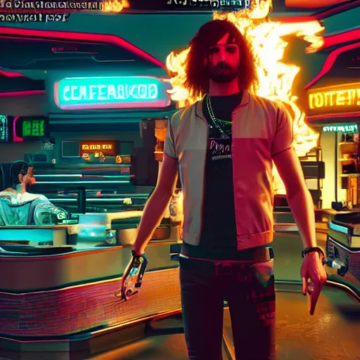 Image similar to stoned pizza dude Cyberpunk 2077. CP2077. 3840 x 2160