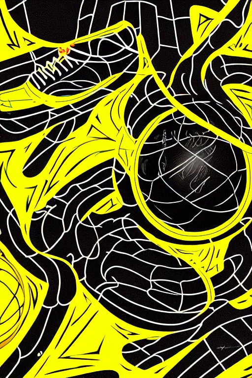 Image similar to glowing black basketball sneaker, wth short golden lines, yellow details, symmetrical, highly detailed, digital art, sharp focus, trending on art station, samurai, electricity superpowers, anime art style