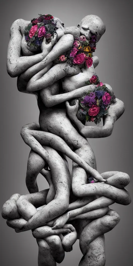 Image similar to a surrealist sculpture human bodies intertwined, a lovely cornucopia of flowers and human body parts, body parts, paint pour, swirling paint colors, black and white photography, desaturated, highly detailed, octane render, cinematic