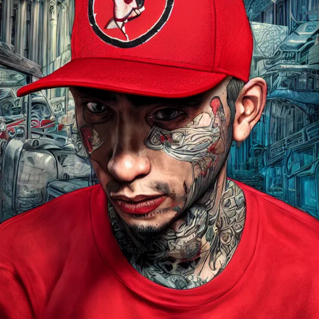 Prompt: the portrait of a los angeles blood's gang member wearing a red baseball cap, an ultrafine hyperdetailed illustration by kim jung gi, irakli nadar, intricate linework, bright colors, final fantasy, unreal engine 5 highly rendered, global illumination, radiant light, detailed and intricate environment