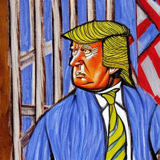 Image similar to donald trump as a prisoner behind bars in prison clothing, sad, dramatic, powerful, painted by leonardo da vinche