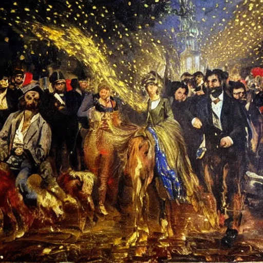 Image similar to highly detailed oil painting in the style of Delacroix of an early 20th century French writer exiting from a fantastical time machine made of polished gold metal and covered in flashing lights and monitors that has just appeared in the Luxembourg Gardens, Paris, 1973
