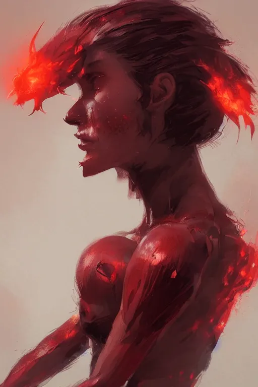 Image similar to a portrait of a red fire demon by greg rutkowski, trending on artstation