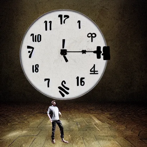 Image similar to a man eating the concept of time as the world around him crumbles, esoteric, optical illusion, illuminati