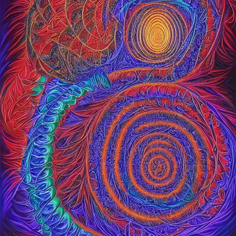 Prompt: portrait of a person psychedelic fractal soul on fire deep space galaxy fibonacci lateralus within award winning painting by alex grey symmetrical