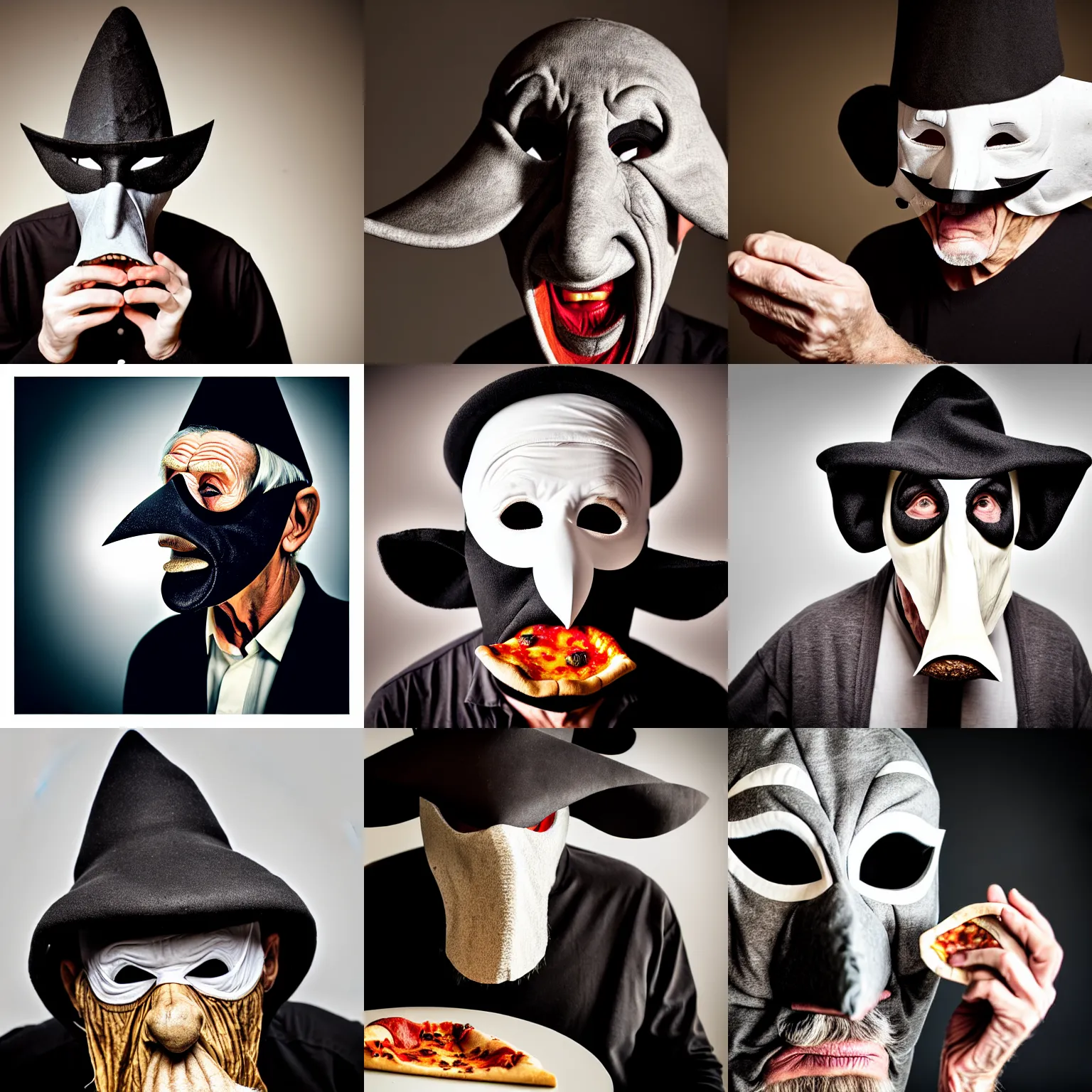 Prompt: portrait photo of an old man, wrinkles, moody, sinister looking, long nose, crooked nose, large open mouth, black pulcinella masquerade mask, pointy conical hat, white wrinkled shirt, dramatic lighting, muted colors, pizza in foreground, black background, close - up, skin blemishes, acclaimed, nikon 5 0 mm, expensive masterpiece