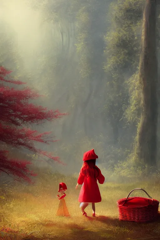 Prompt: a little girl in red hat with a picnic basket ,forest,Distant view,a basket by Bruce Pennington and Ross Tran trending on artstation, trending on deviantart