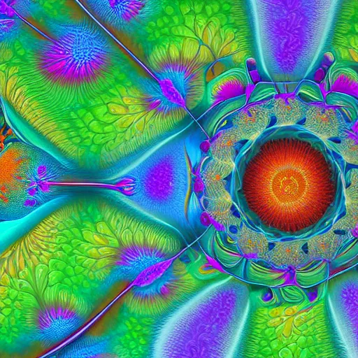 Image similar to a brightly colored ultra - realistic and very detailed painting of organic flowers constructed from elaborate fractals ; high resolution, 4 k, mandelbrot set, chaos, fractal, math, deviantart, photo - realistic