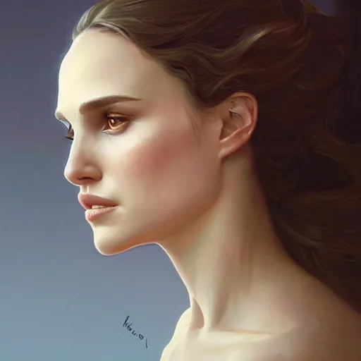 Image similar to Portrait of Natalie Portman, intricate, elegant, highly detailed, digital painting, artstation, concept art, smooth, sharp focus, illustration, art by artgerm and greg rutkowski and alphonse mucha