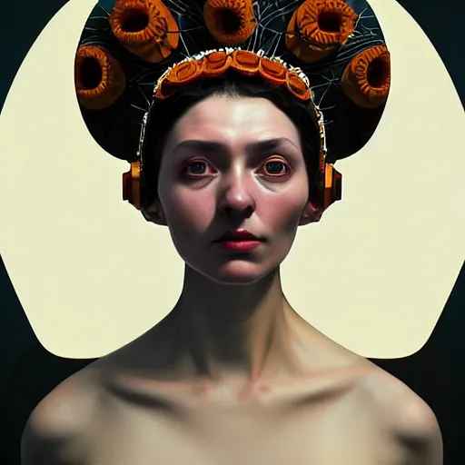 Image similar to Colour Caravaggio style Photography of Highly detailed beautiful Woman with 1000 years perfect face and wearing detailed Ukrainian folk costume designed by Taras Shevchenko also wearing highly detailed retrofuturistic sci-fi Neural interface designed by Josan Gonzalez. Many details In style of Josan Gonzalez and Mike Winkelmann and andgreg rutkowski and alphonse muchaand and Caspar David Friedrich and Stephen Hickman and James Gurney and Hiromasa Ogura. Rendered in Blender and Octane Render volumetric natural light